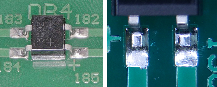 ダイオードブリッジの実装 はんだ付け仕上がり状態